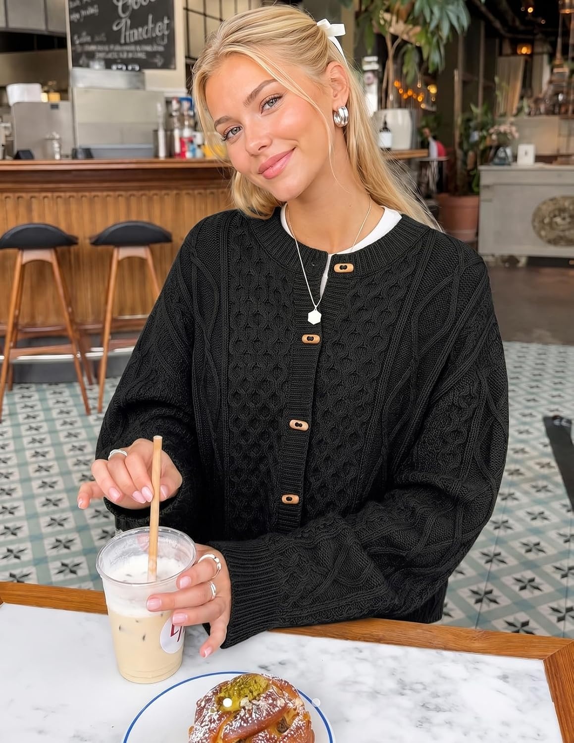 image:imageMEROKEETY Womens Chunky Button Up Cable Knit Trendy Cardigan SweatersBlack