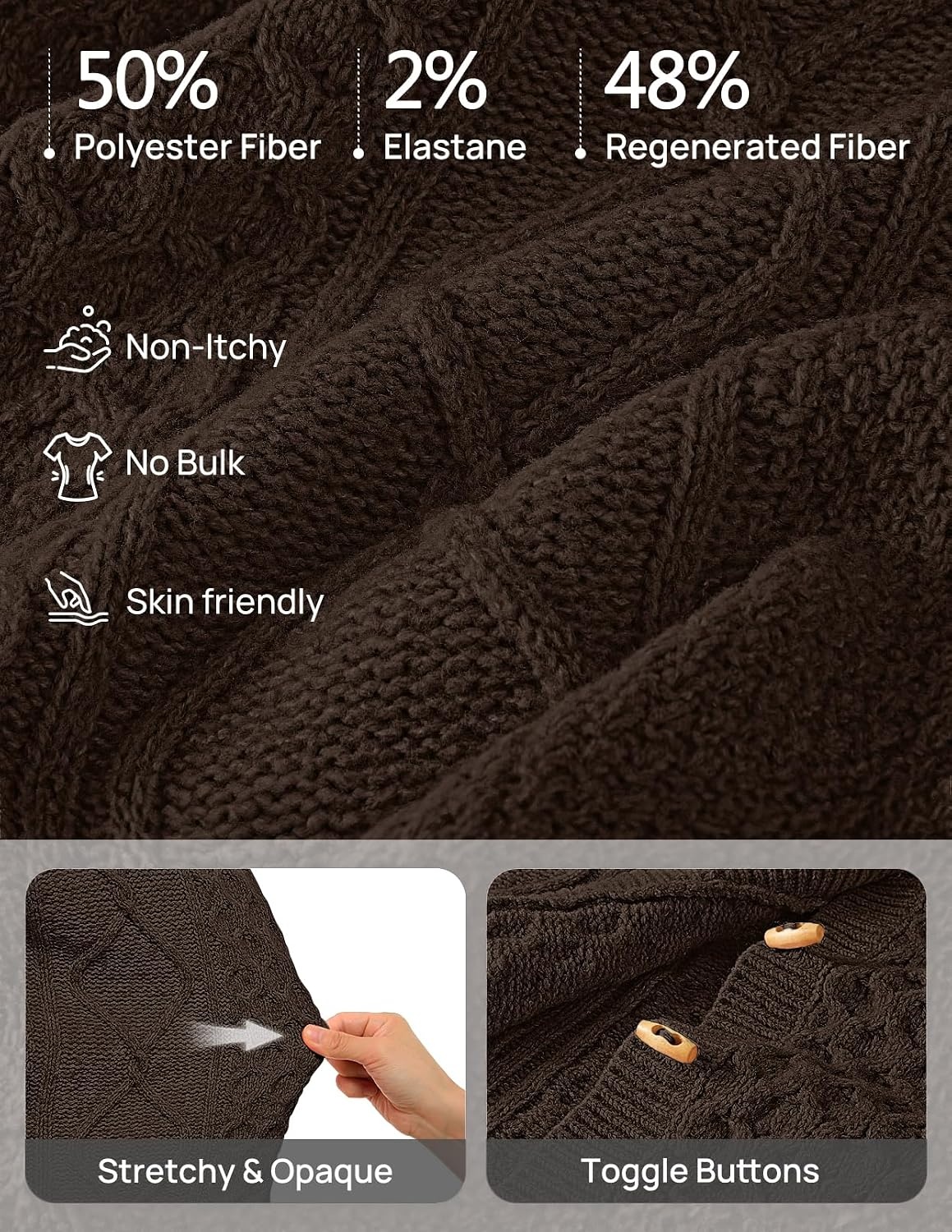 image:imageMEROKEETY Womens Chunky Button Up Cable Knit Trendy Cardigan SweatersCoffee
