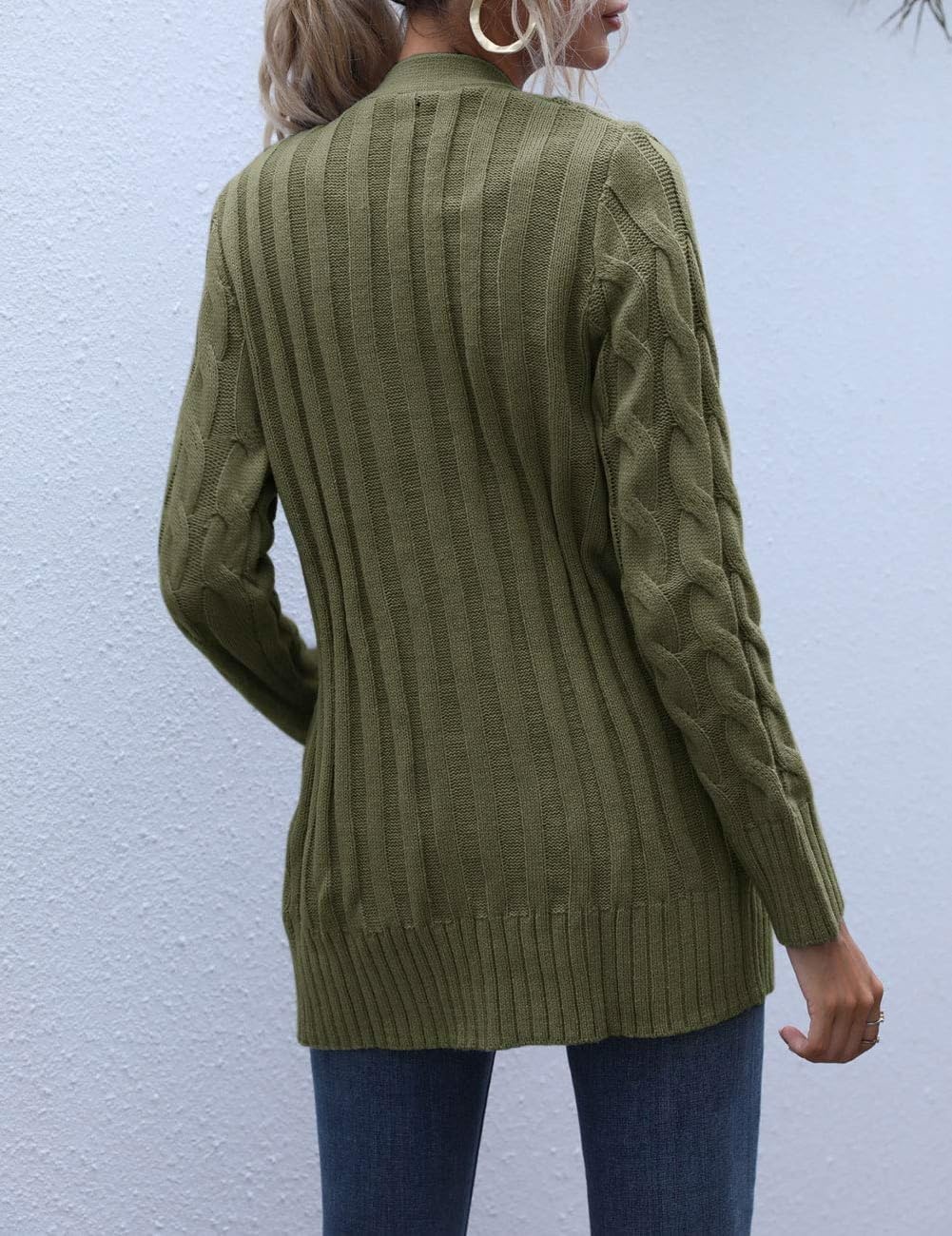 image:imageMEROKEETY Womens Fall 2026 Long Sleeve Cable Knit Cardigan SweatersArmy Green