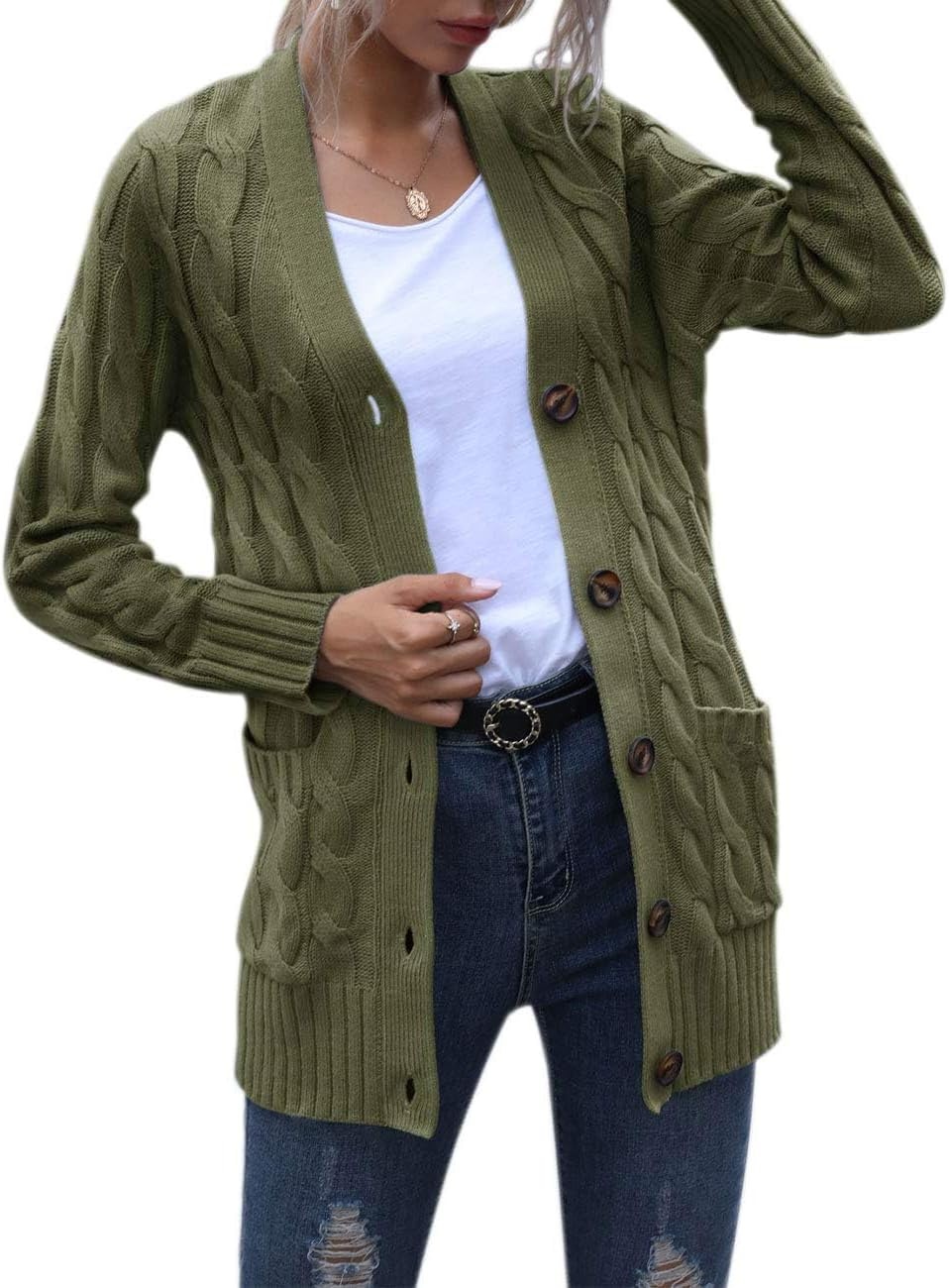 image:imageMEROKEETY Womens Fall 2026 Long Sleeve Cable Knit Cardigan SweatersArmy Green