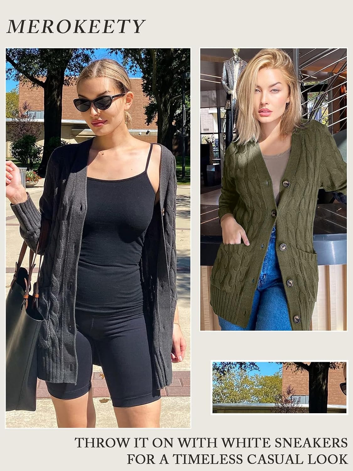 image:imageMEROKEETY Womens Fall 2026 Long Sleeve Cable Knit Cardigan SweatersArmy Green