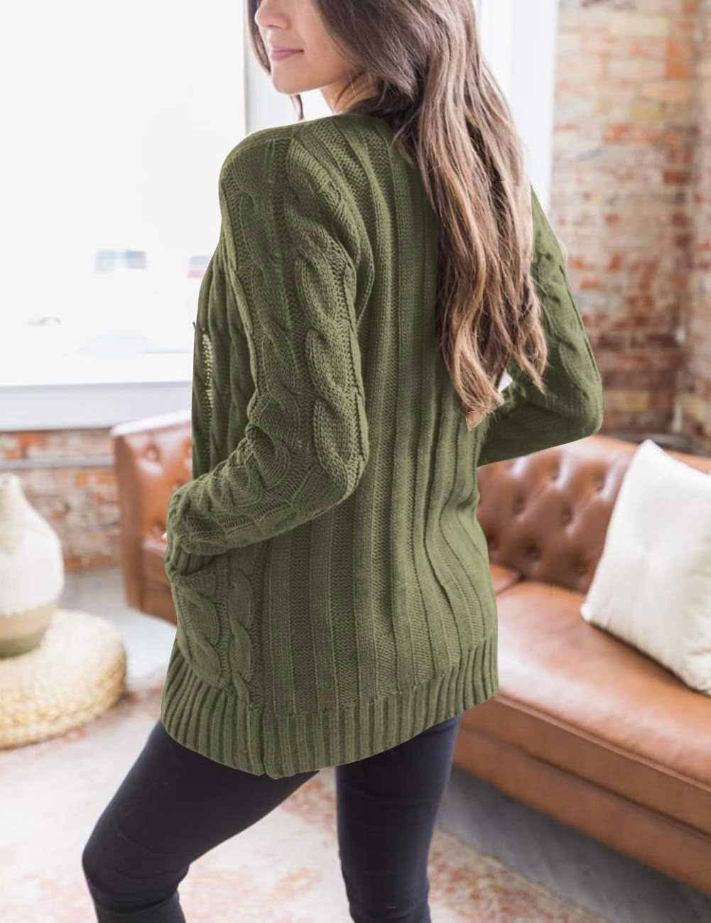 image:imageMEROKEETY Womens Fall 2026 Long Sleeve Cable Knit Cardigan SweatersArmy Green