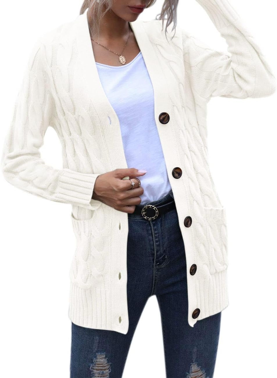 image:imageMEROKEETY Womens Fall 2026 Long Sleeve Cable Knit Cardigan SweatersBeige