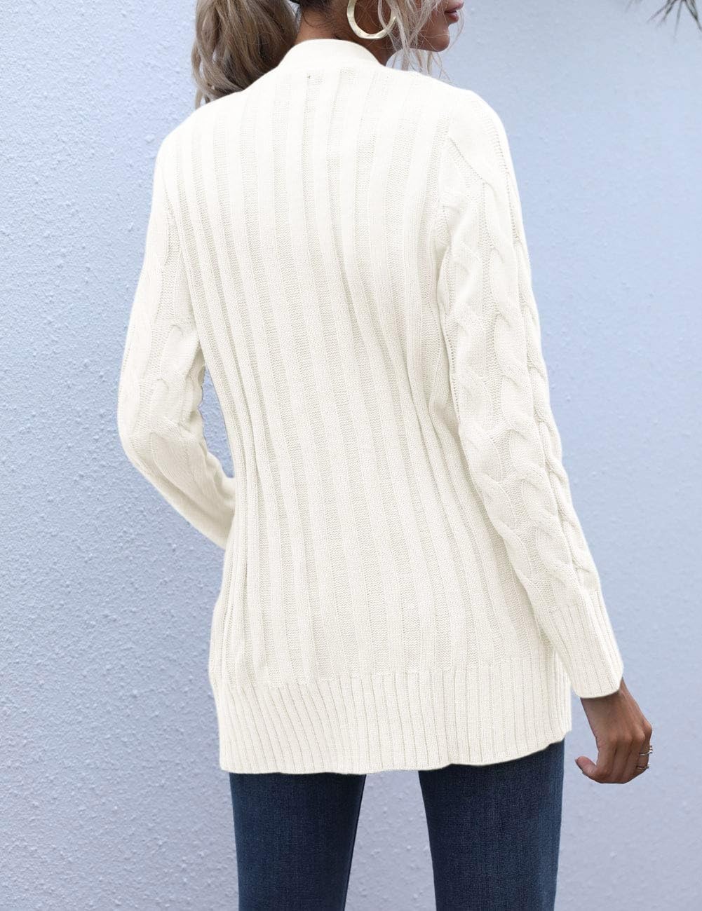 image:imageMEROKEETY Womens Fall 2026 Long Sleeve Cable Knit Cardigan SweatersBeige