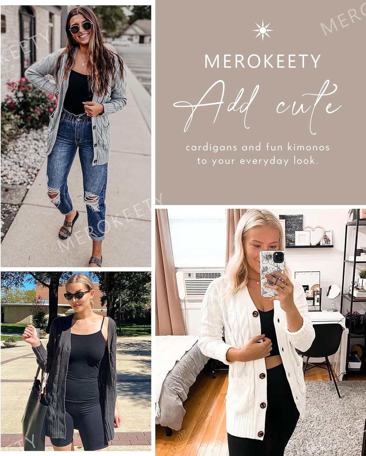 image:imageMEROKEETY Womens Fall 2026 Long Sleeve Cable Knit Cardigan SweatersBeige