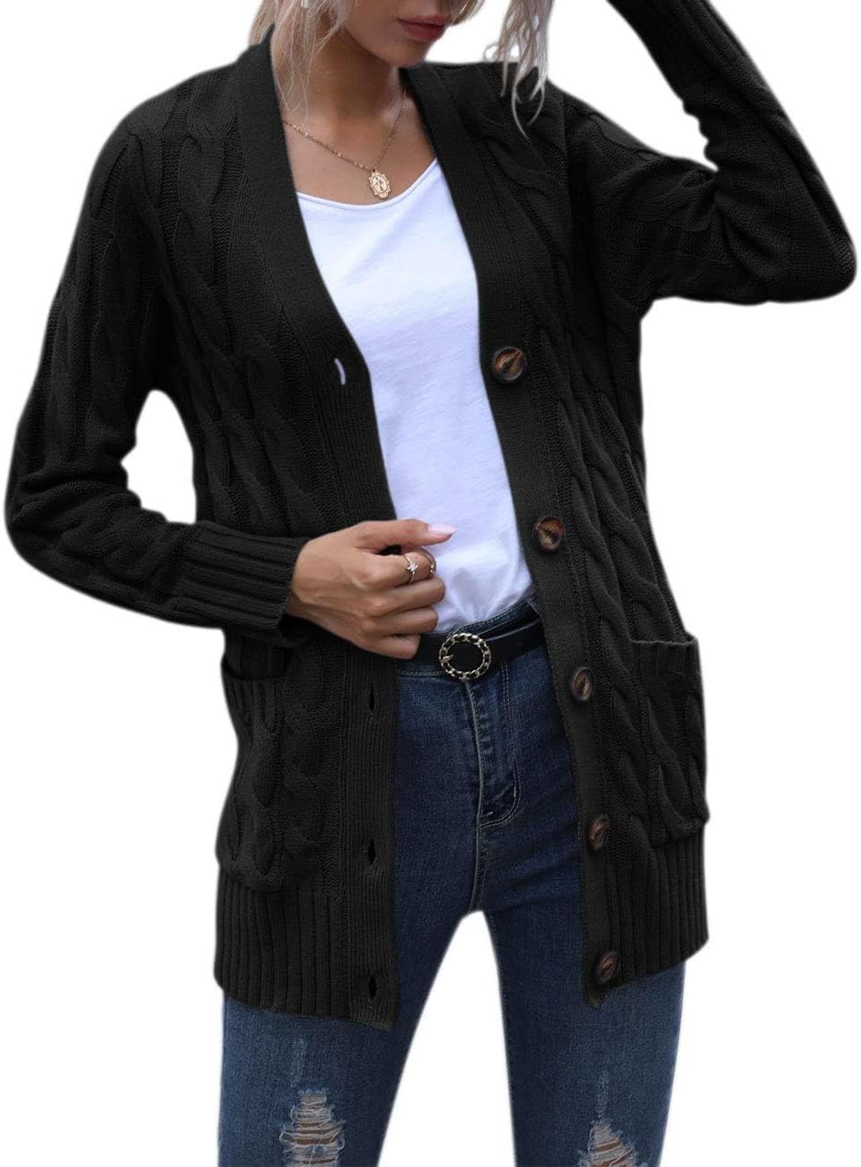 image:imageMEROKEETY Womens Fall 2026 Long Sleeve Cable Knit Cardigan SweatersBlack
