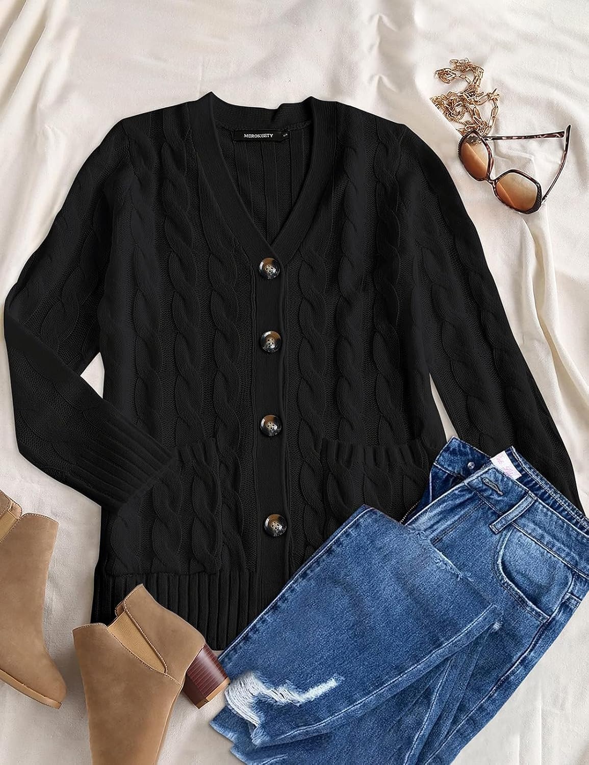 image:imageMEROKEETY Womens Fall 2026 Long Sleeve Cable Knit Cardigan SweatersBlack