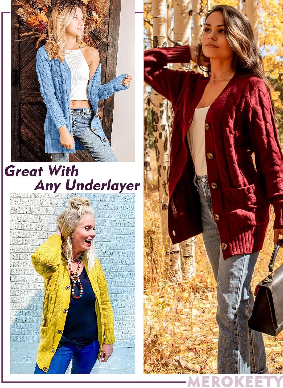 image:imageMEROKEETY Womens Fall 2026 Long Sleeve Cable Knit Cardigan SweatersBlue