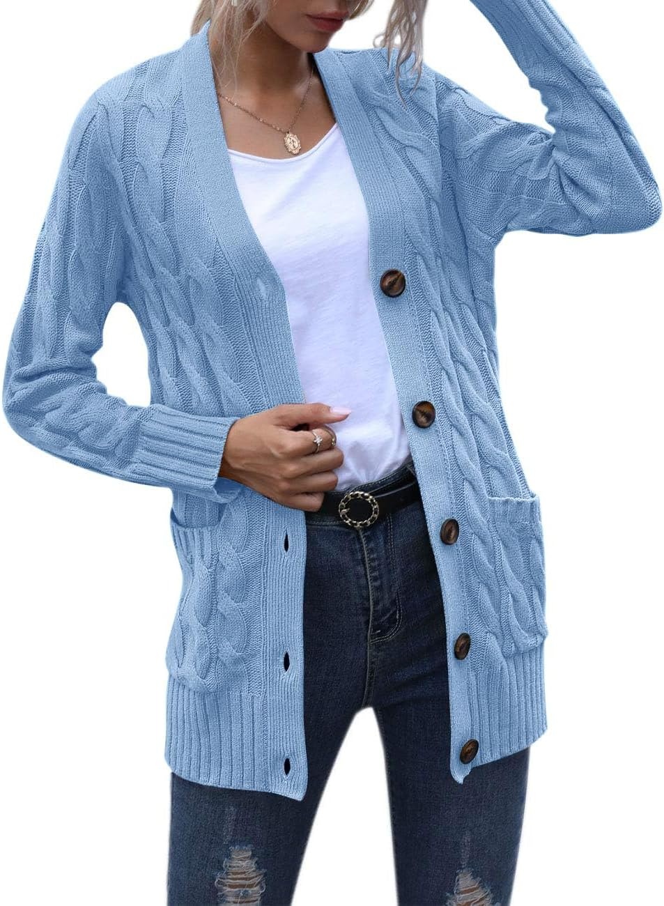 image:imageMEROKEETY Womens Fall 2026 Long Sleeve Cable Knit Cardigan SweatersBlue