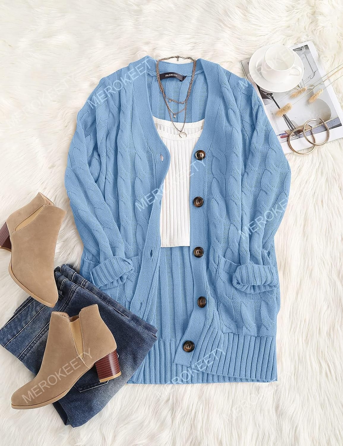 image:imageMEROKEETY Womens Fall 2026 Long Sleeve Cable Knit Cardigan SweatersBlue