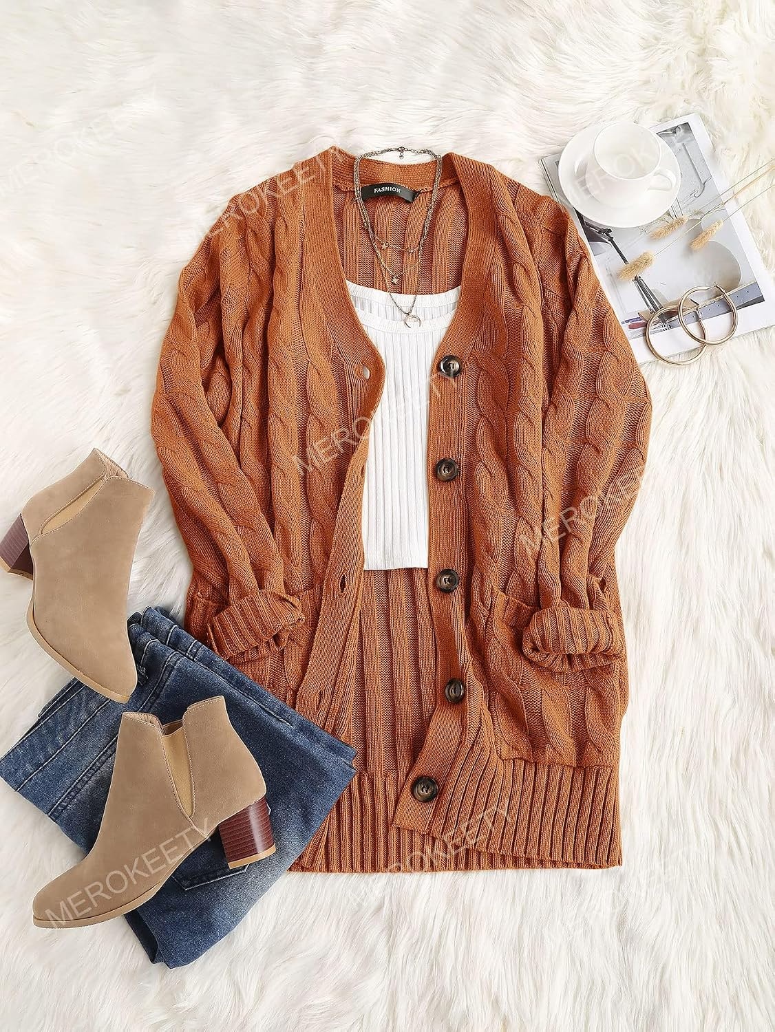image:imageMEROKEETY Womens Fall 2026 Long Sleeve Cable Knit Cardigan SweatersBrown