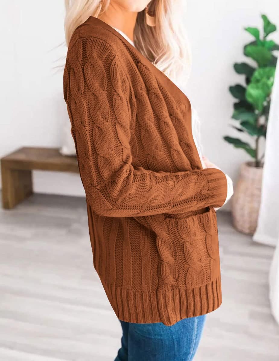 image:imageMEROKEETY Womens Fall 2026 Long Sleeve Cable Knit Cardigan SweatersBrown