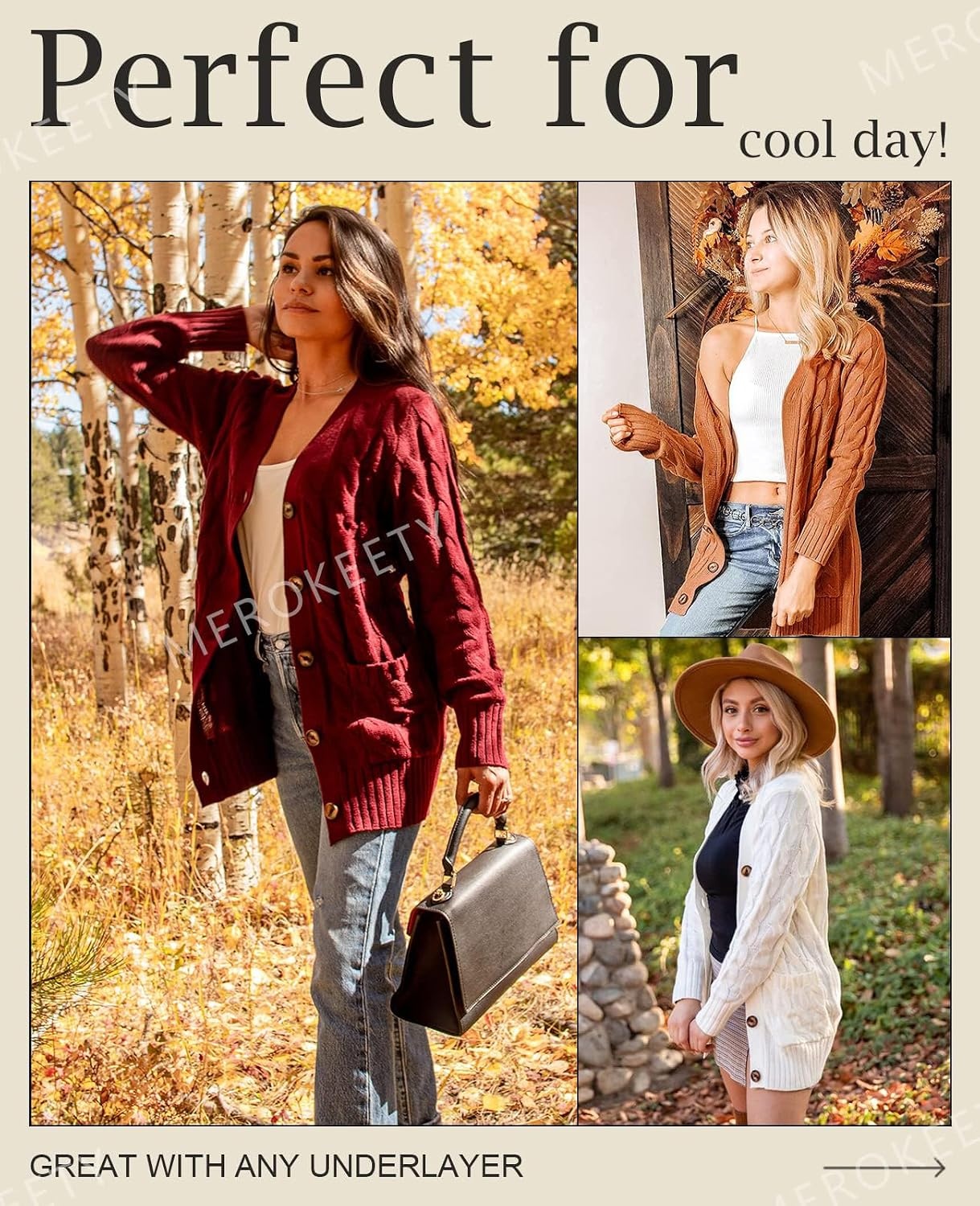 image:imageMEROKEETY Womens Fall 2026 Long Sleeve Cable Knit Cardigan SweatersBrown