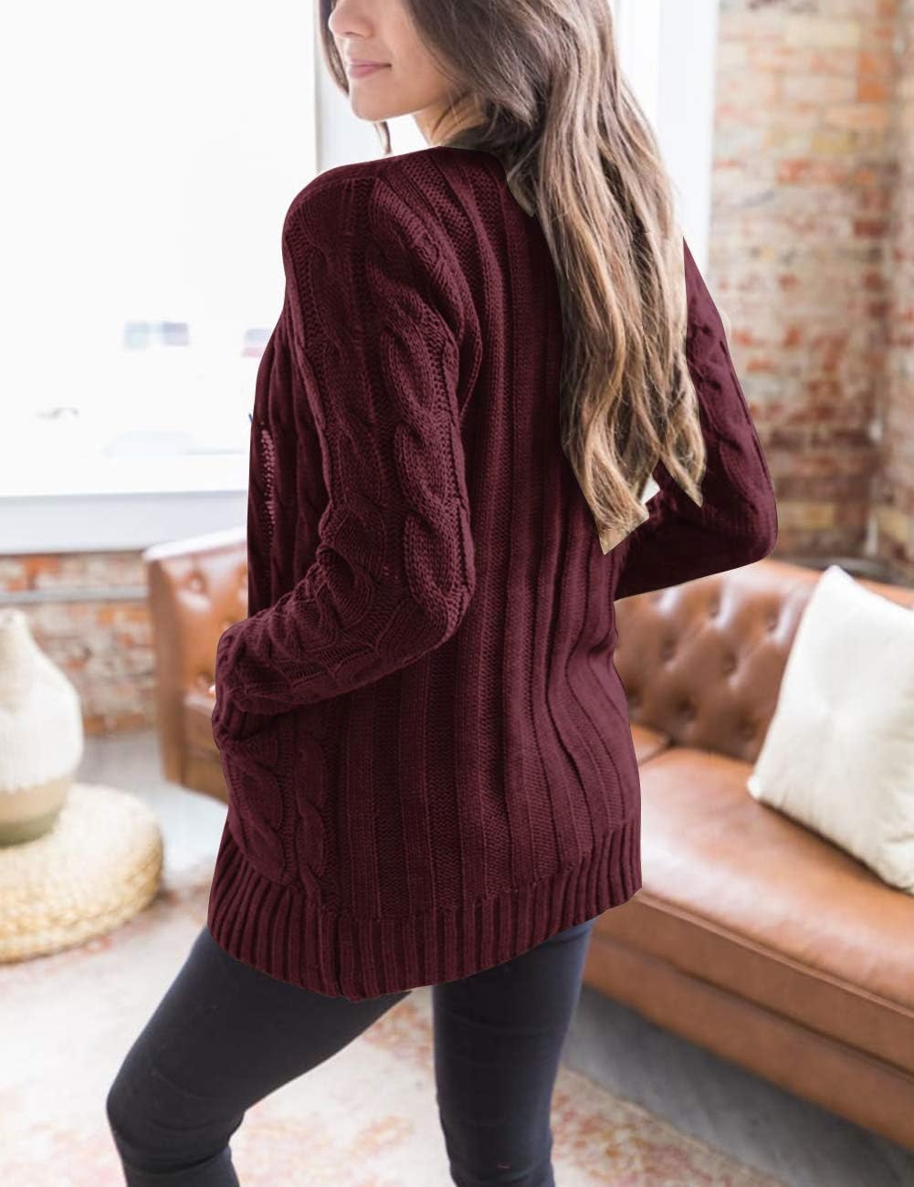 image:imageMEROKEETY Womens Fall 2026 Long Sleeve Cable Knit Cardigan SweatersBurgundy