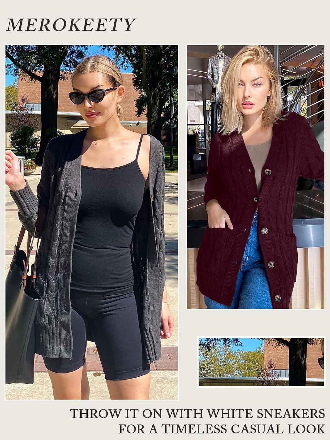 image:imageMEROKEETY Womens Fall 2026 Long Sleeve Cable Knit Cardigan SweatersBurgundy