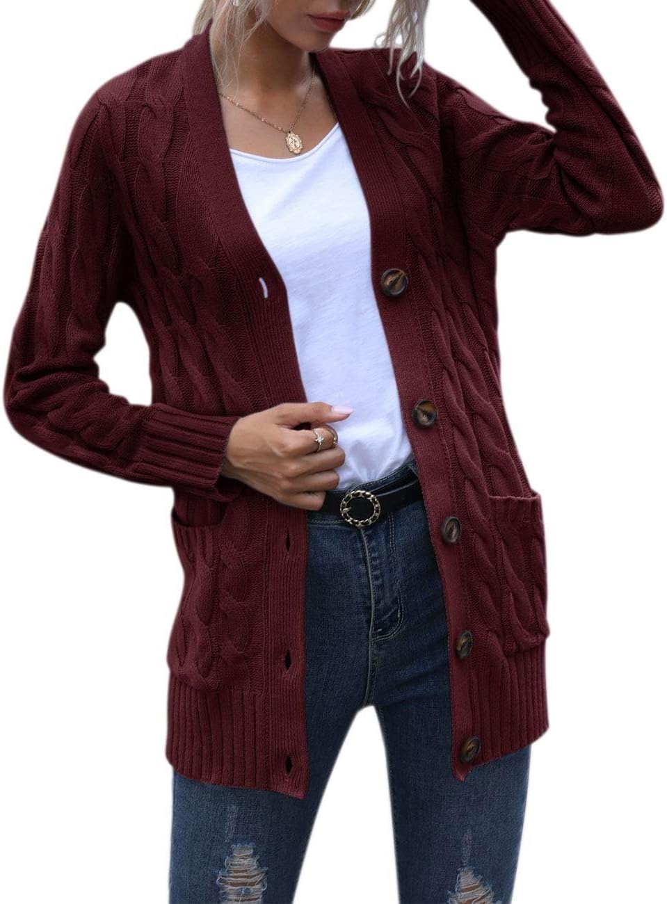image:imageMEROKEETY Womens Fall 2026 Long Sleeve Cable Knit Cardigan SweatersBurgundy
