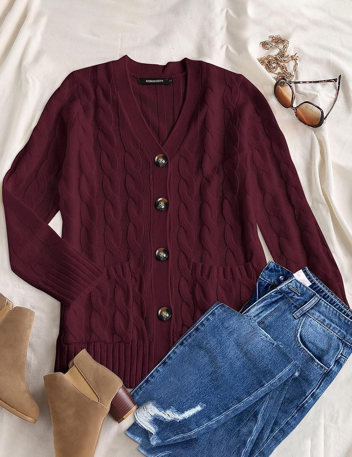 image:imageMEROKEETY Womens Fall 2026 Long Sleeve Cable Knit Cardigan SweatersBurgundy