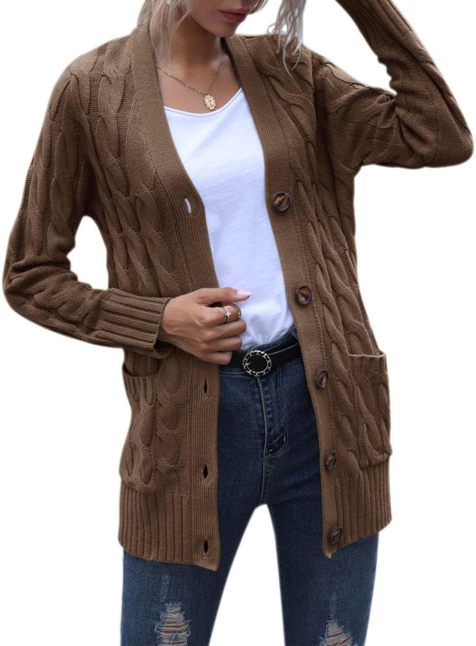image:imageMEROKEETY Womens Fall 2026 Long Sleeve Cable Knit Cardigan SweatersCoffee