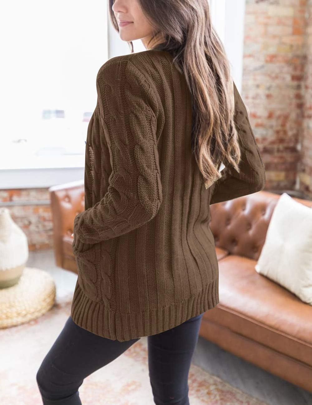 image:imageMEROKEETY Womens Fall 2026 Long Sleeve Cable Knit Cardigan SweatersCoffee