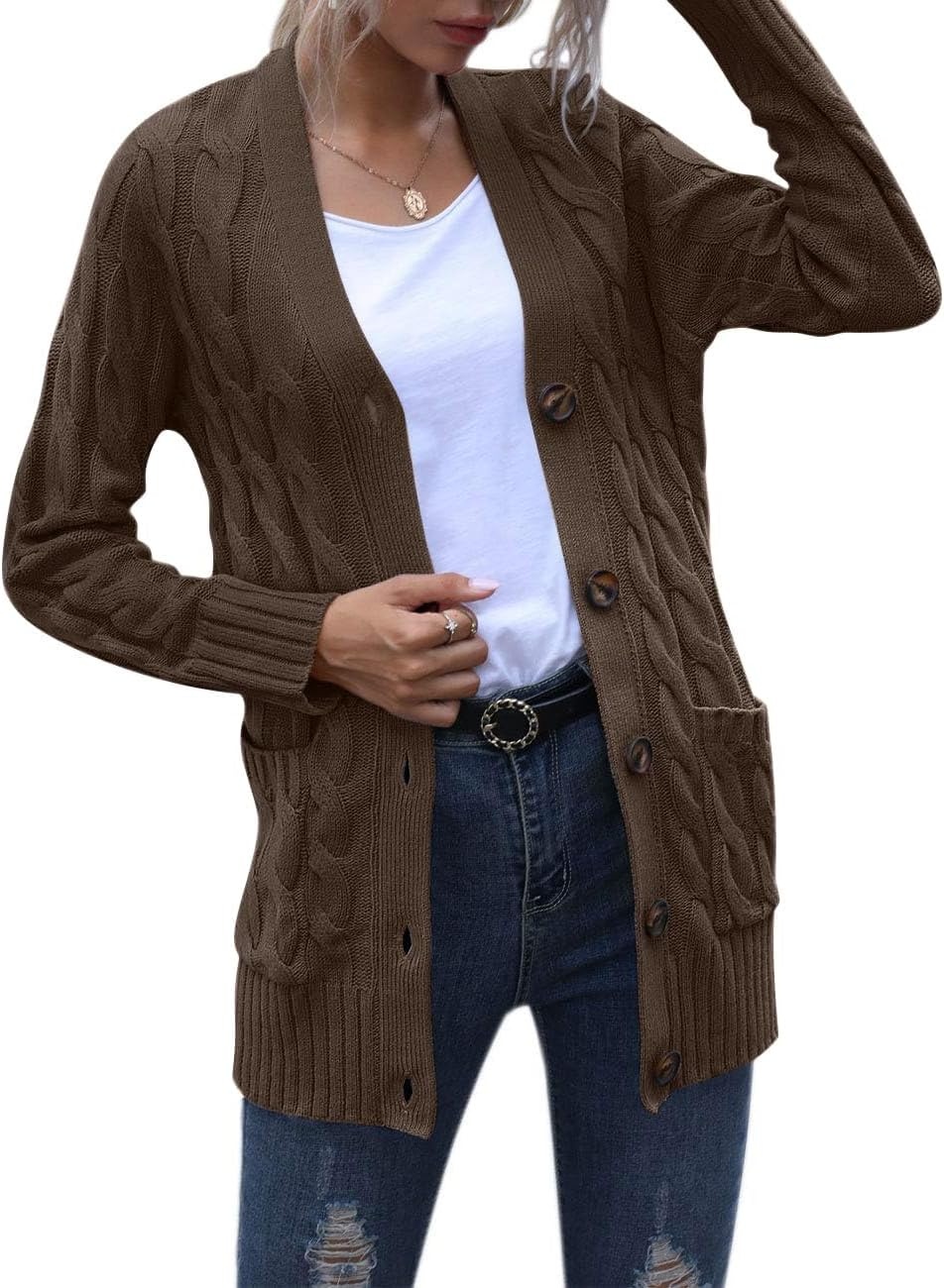 image:imageMEROKEETY Womens Fall 2026 Long Sleeve Cable Knit Cardigan SweatersDark Brown