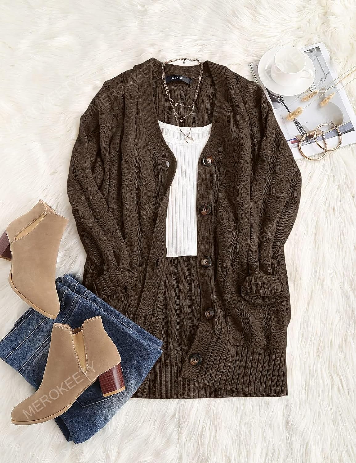image:imageMEROKEETY Womens Fall 2026 Long Sleeve Cable Knit Cardigan SweatersDark Brown