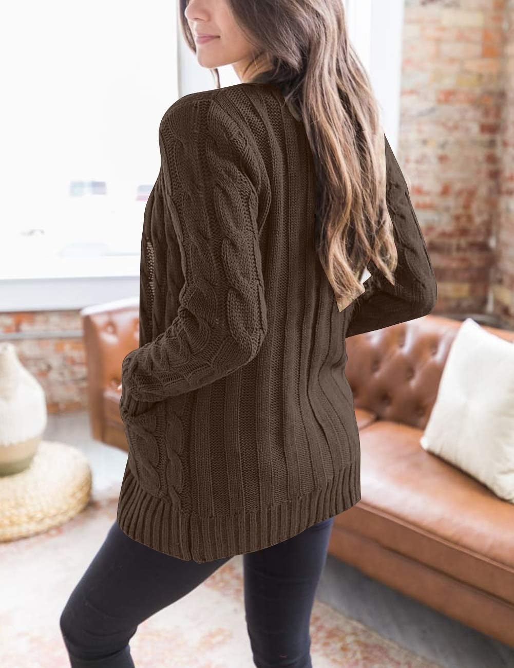 image:imageMEROKEETY Womens Fall 2026 Long Sleeve Cable Knit Cardigan SweatersDark Brown