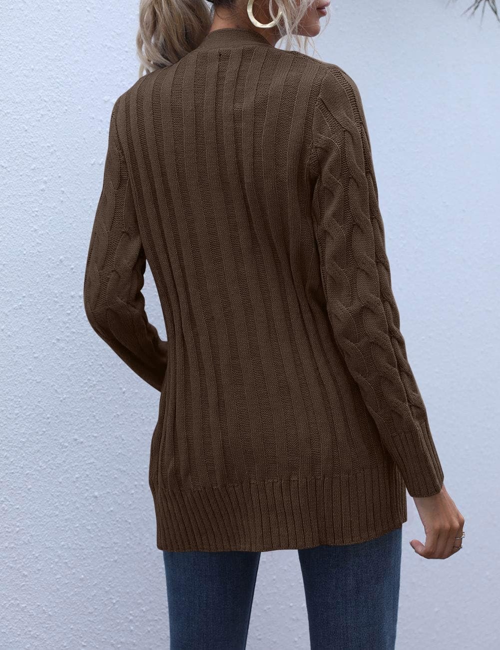 image:imageMEROKEETY Womens Fall 2026 Long Sleeve Cable Knit Cardigan SweatersDark Brown