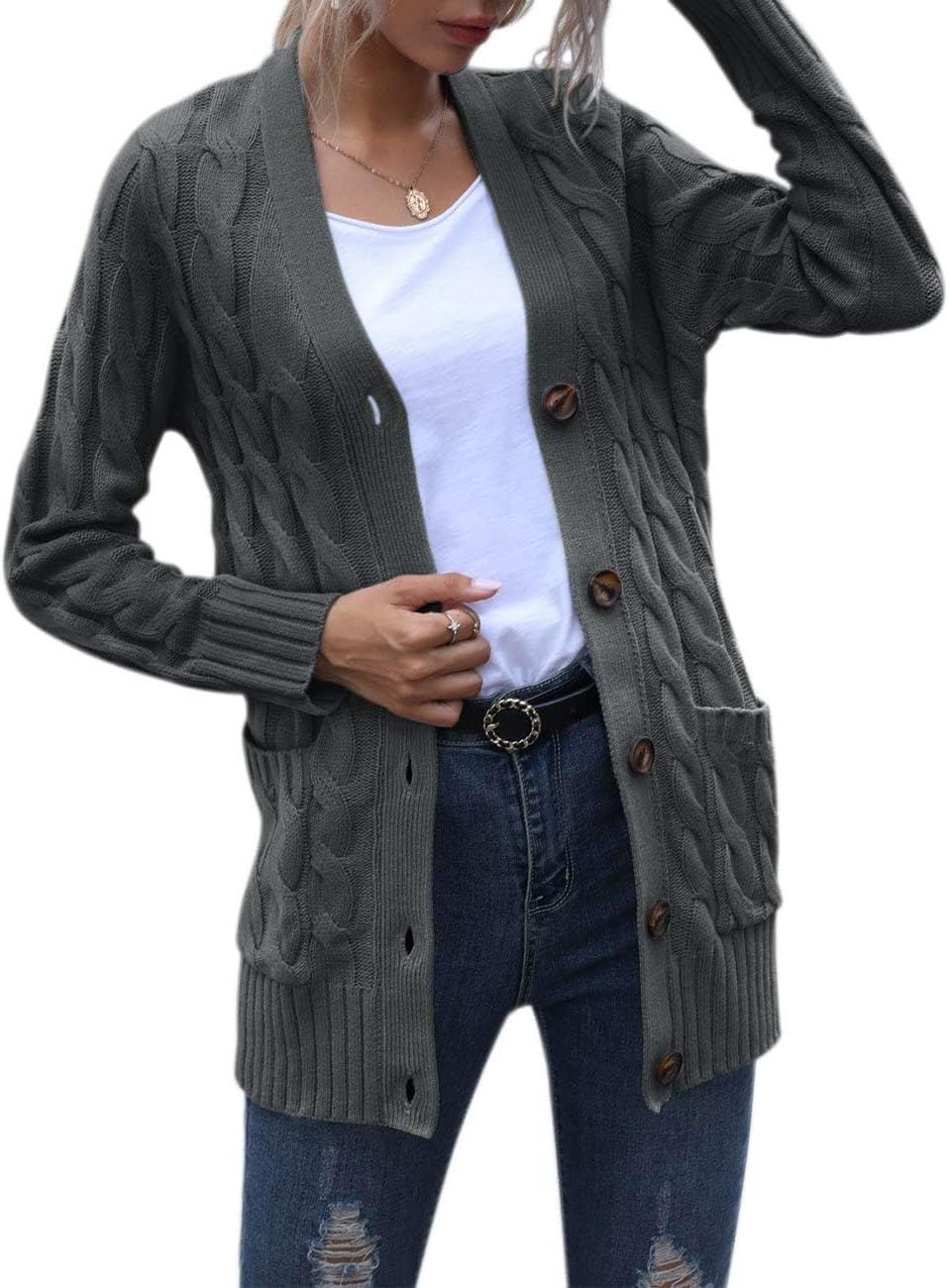 image:imageMEROKEETY Womens Fall 2026 Long Sleeve Cable Knit Cardigan SweatersDark Grey