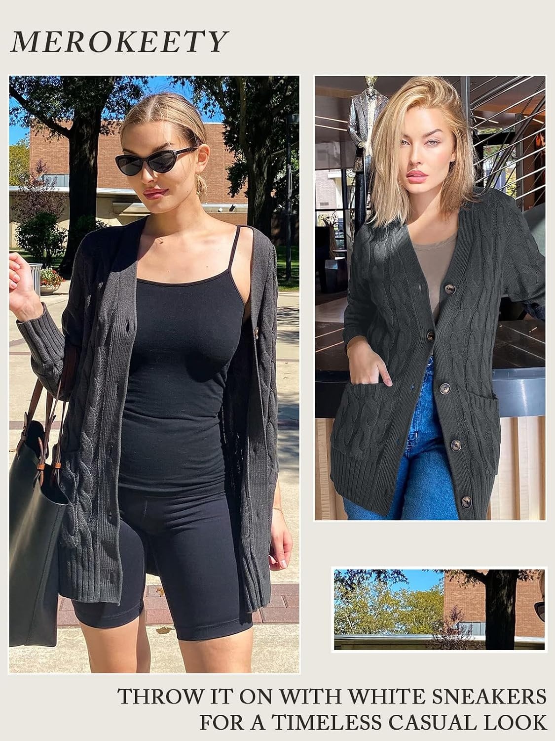 image:imageMEROKEETY Womens Fall 2026 Long Sleeve Cable Knit Cardigan SweatersDark Grey