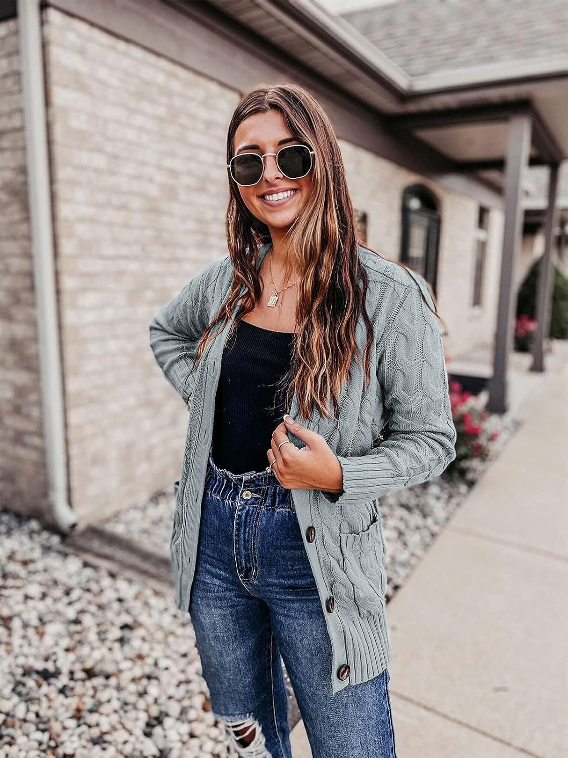 image:imageMEROKEETY Womens Fall 2026 Long Sleeve Cable Knit Cardigan SweatersGrey