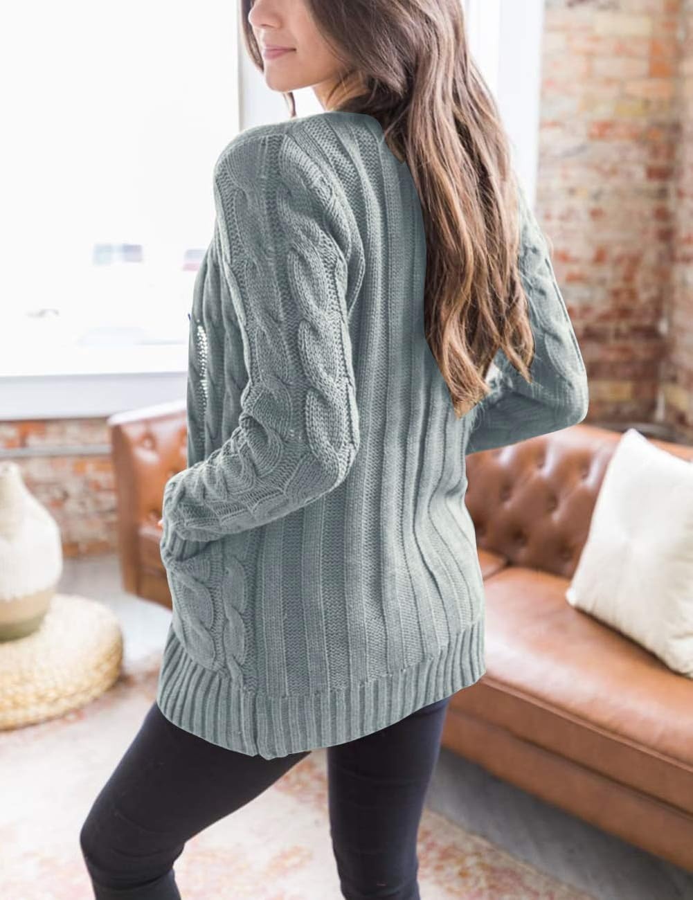 image:imageMEROKEETY Womens Fall 2026 Long Sleeve Cable Knit Cardigan SweatersGrey