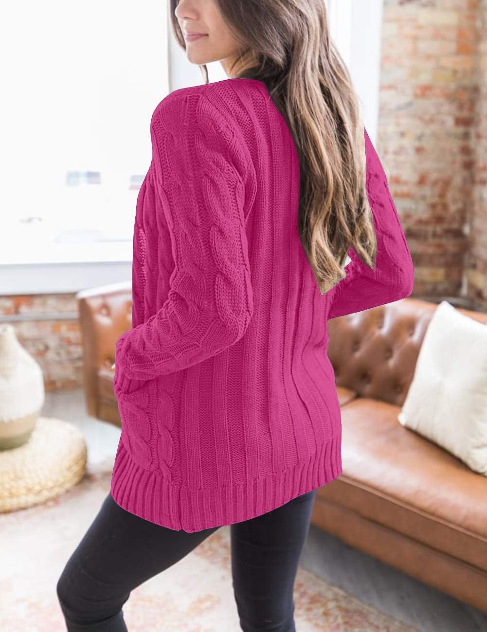 image:imageMEROKEETY Womens Fall 2026 Long Sleeve Cable Knit Cardigan SweatersHot Pink