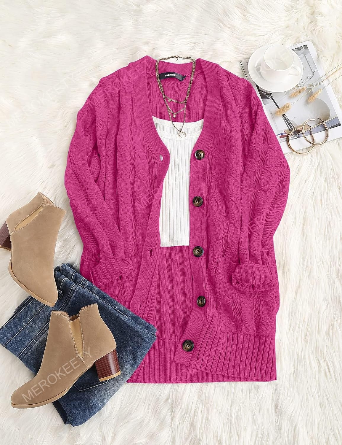 image:imageMEROKEETY Womens Fall 2026 Long Sleeve Cable Knit Cardigan SweatersHot Pink
