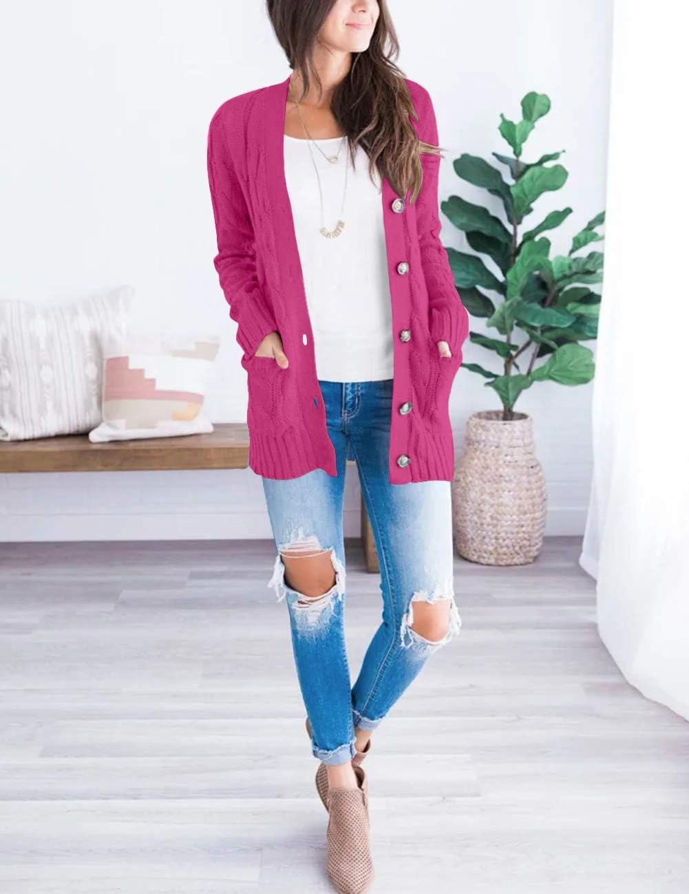 image:imageMEROKEETY Womens Fall 2026 Long Sleeve Cable Knit Cardigan SweatersHot Pink