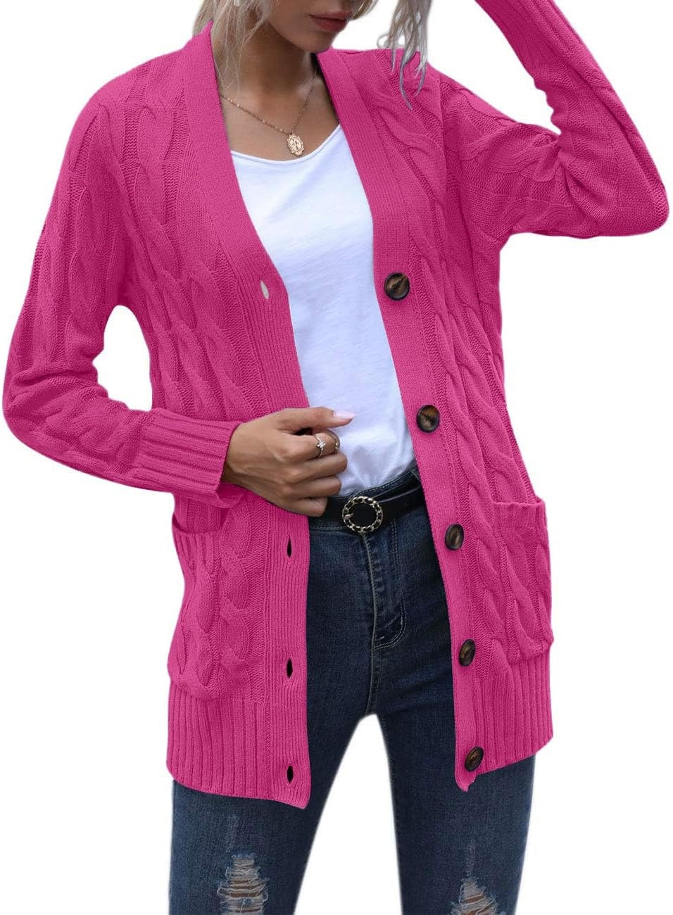image:imageMEROKEETY Womens Fall 2026 Long Sleeve Cable Knit Cardigan SweatersHot Pink