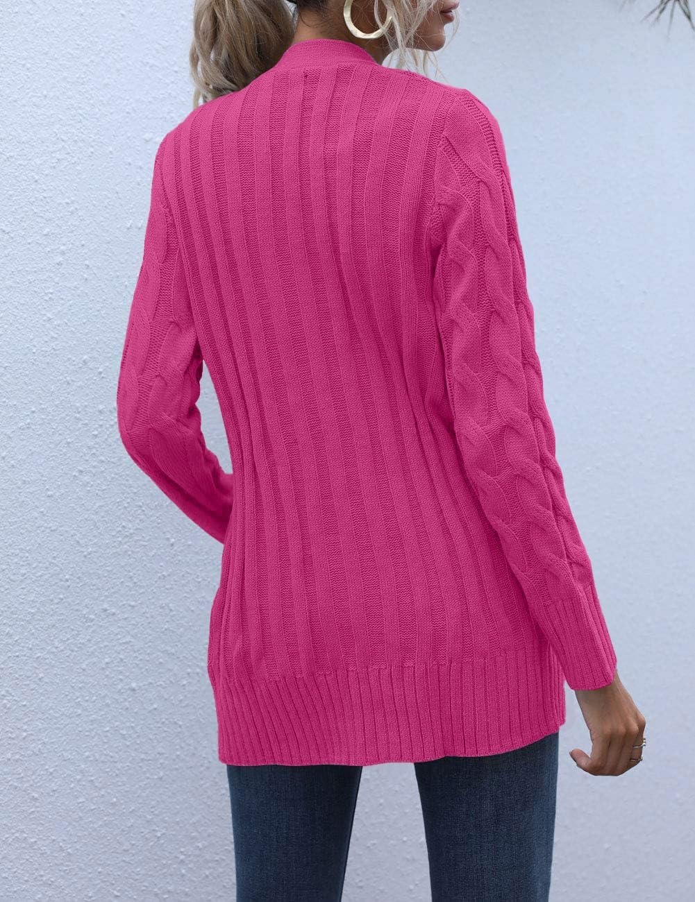 image:imageMEROKEETY Womens Fall 2026 Long Sleeve Cable Knit Cardigan SweatersHot Pink