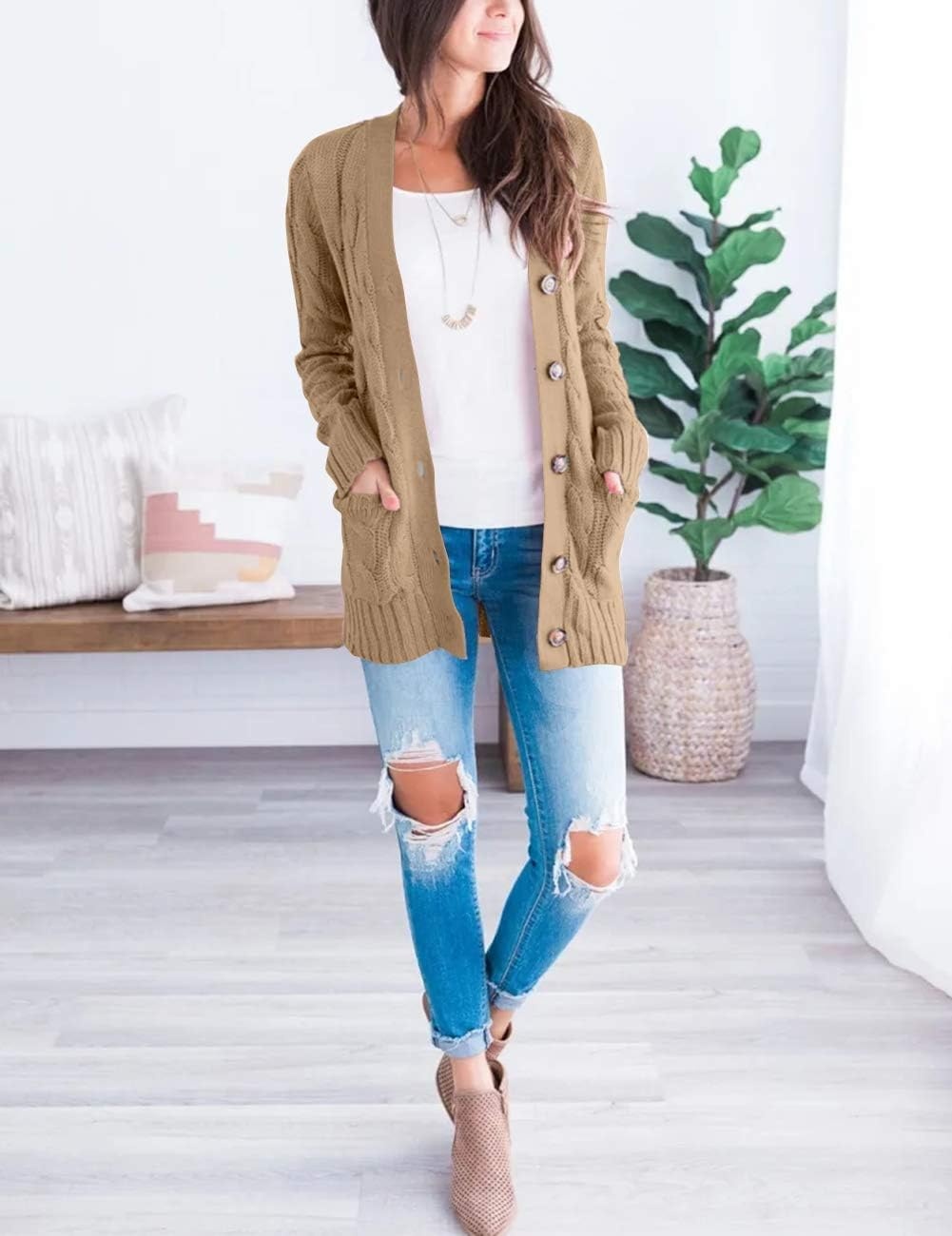 image:imageMEROKEETY Womens Fall 2026 Long Sleeve Cable Knit Cardigan SweatersKhaki