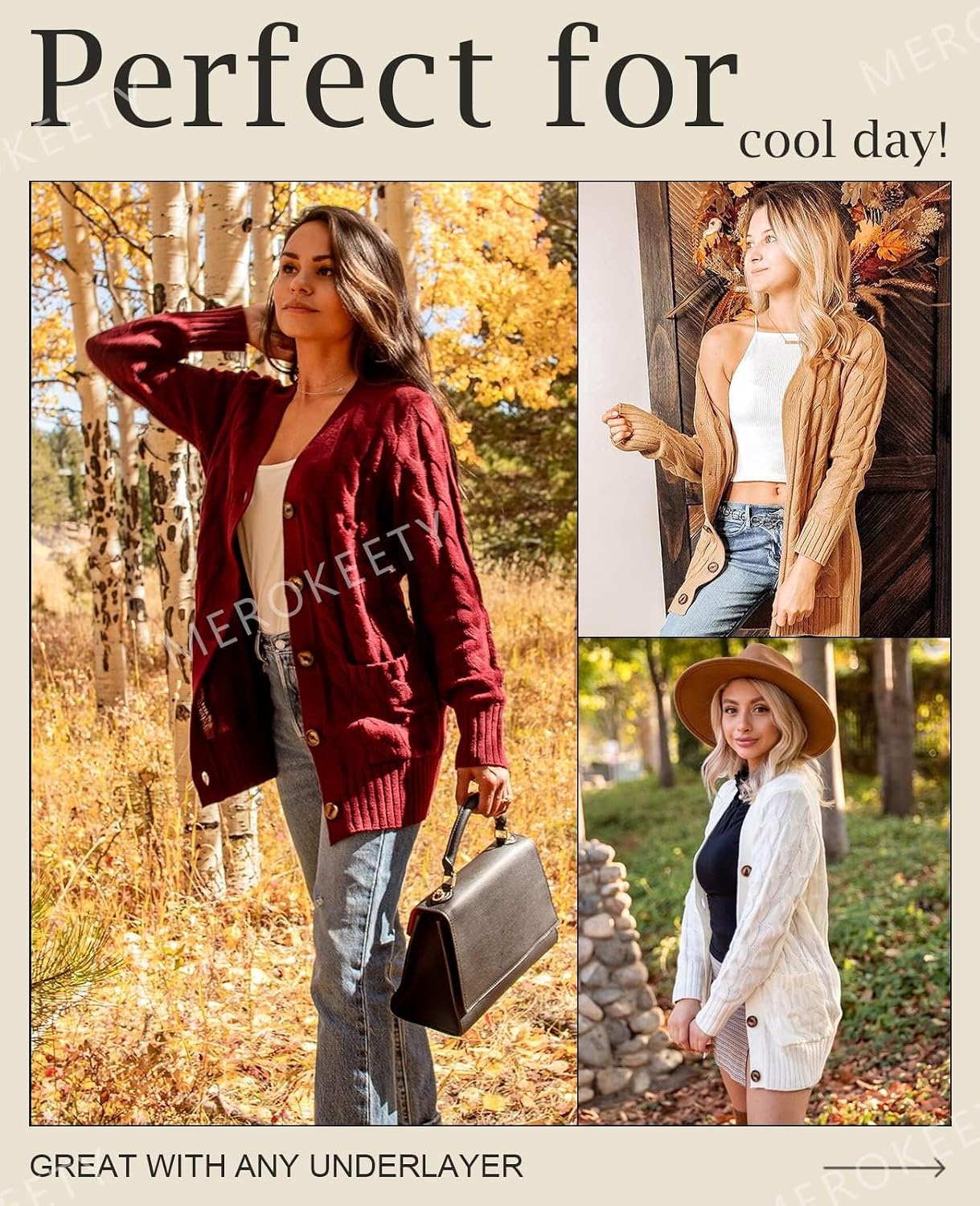image:imageMEROKEETY Womens Fall 2026 Long Sleeve Cable Knit Cardigan SweatersKhaki