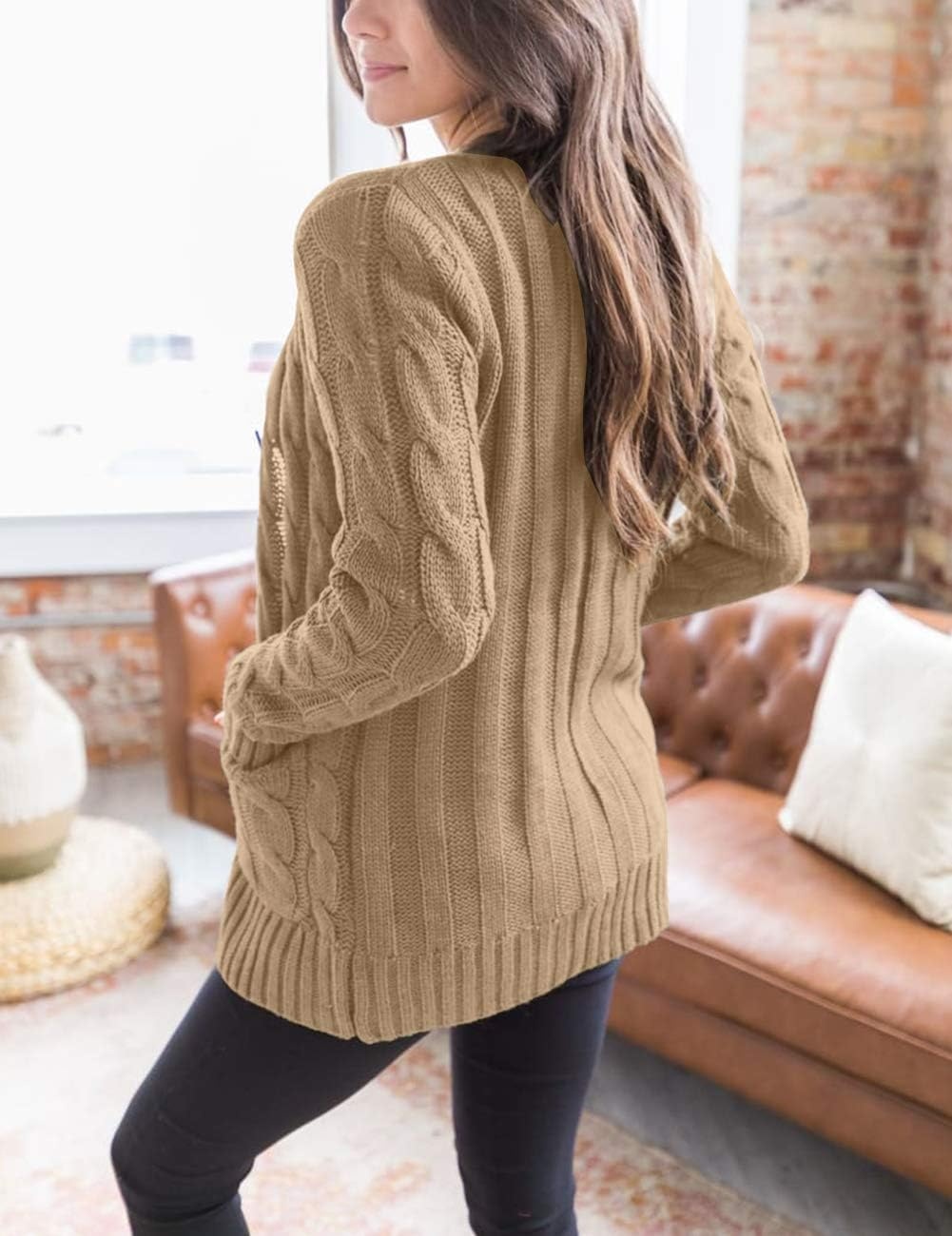 image:imageMEROKEETY Womens Fall 2026 Long Sleeve Cable Knit Cardigan SweatersKhaki