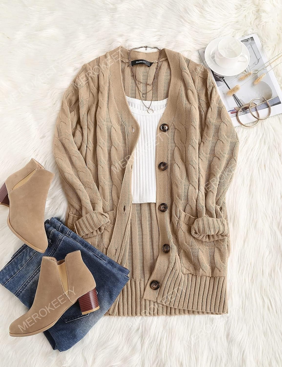 image:imageMEROKEETY Womens Fall 2026 Long Sleeve Cable Knit Cardigan SweatersKhaki