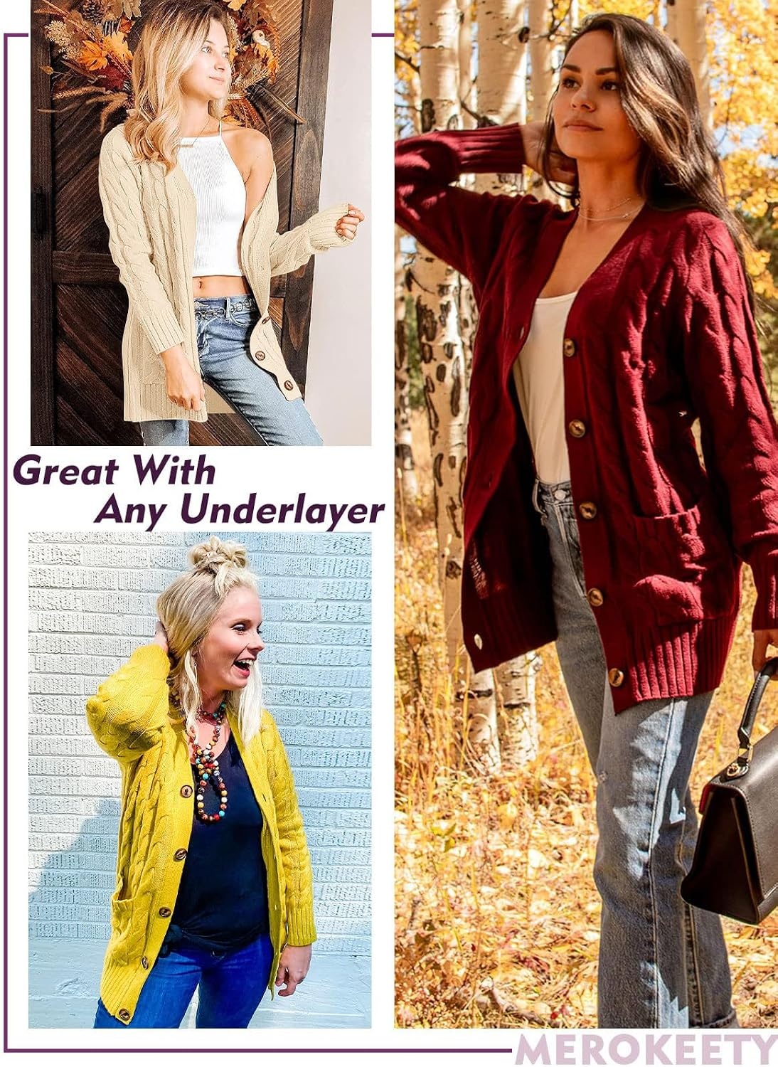 image:imageMEROKEETY Womens Fall 2026 Long Sleeve Cable Knit Cardigan SweatersLight Apricot