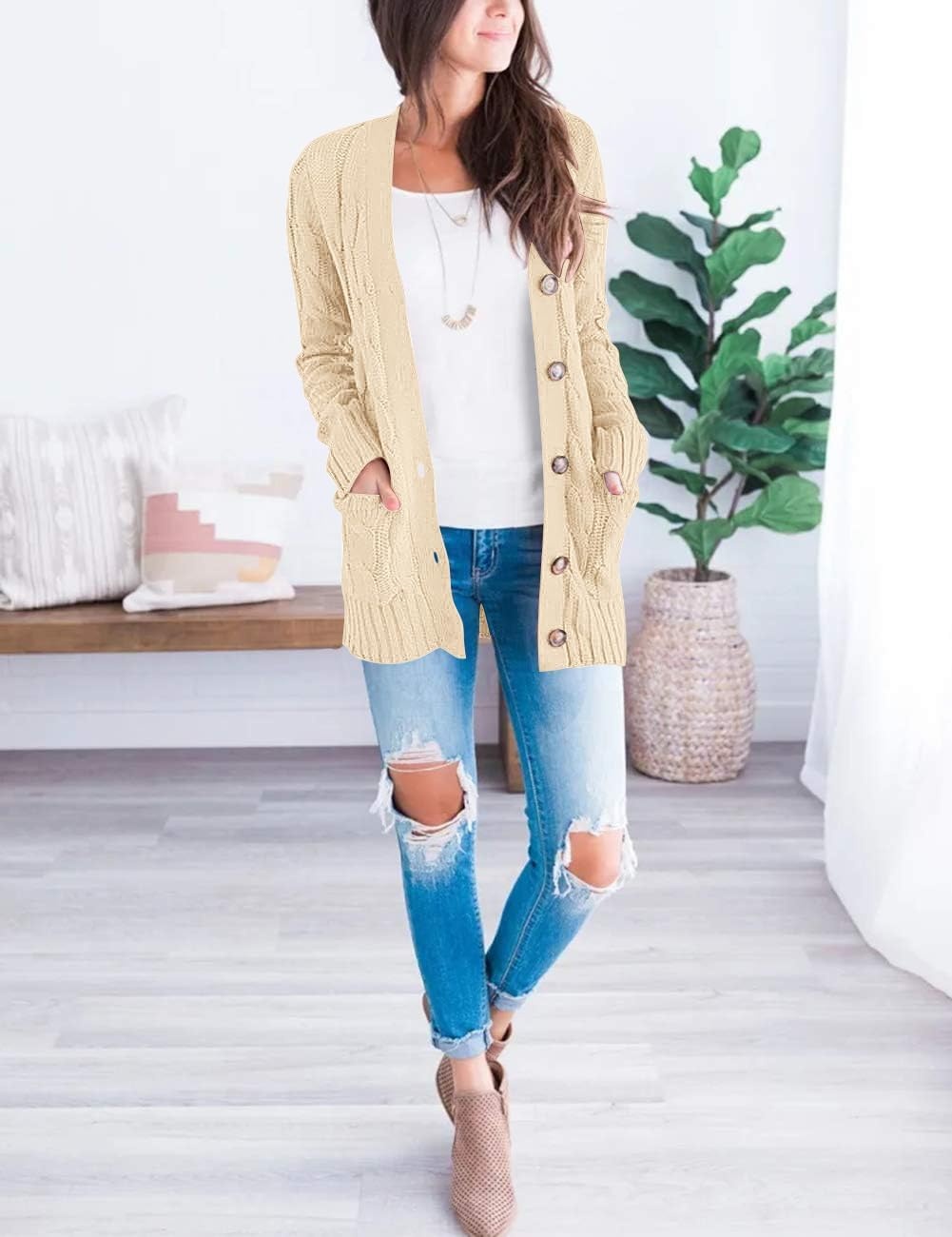 image:imageMEROKEETY Womens Fall 2026 Long Sleeve Cable Knit Cardigan SweatersLight Apricot