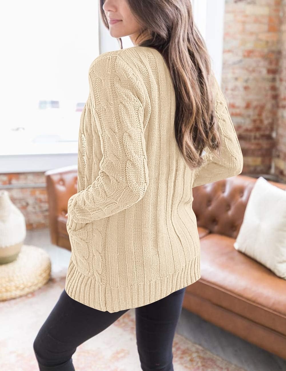 image:imageMEROKEETY Womens Fall 2026 Long Sleeve Cable Knit Cardigan SweatersLight Apricot