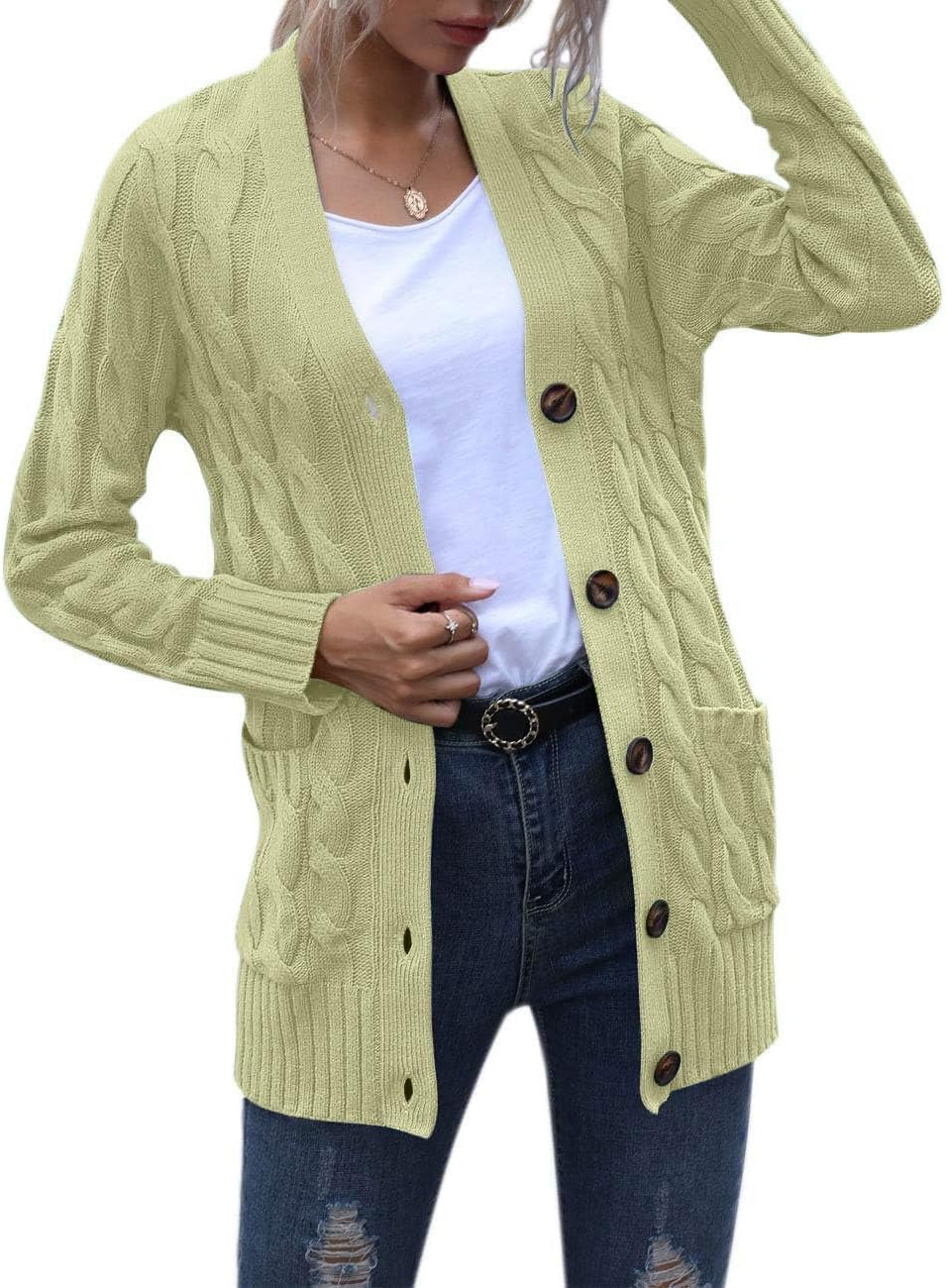 image:imageMEROKEETY Womens Fall 2026 Long Sleeve Cable Knit Cardigan SweatersLight Green