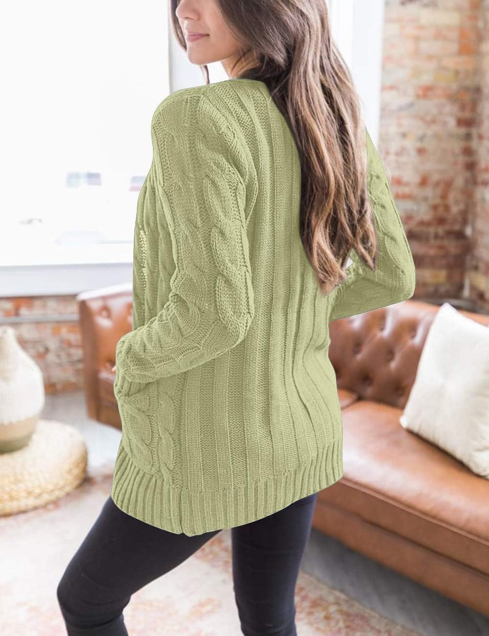 image:imageMEROKEETY Womens Fall 2026 Long Sleeve Cable Knit Cardigan SweatersLight Green