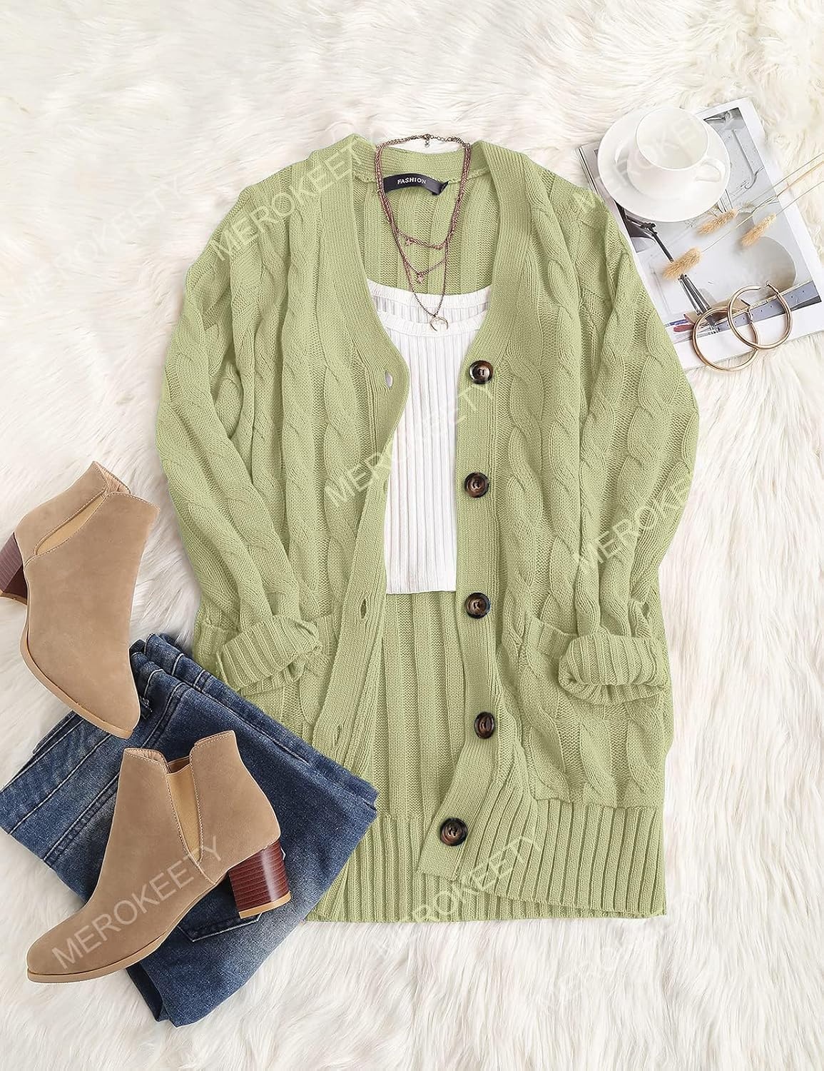 image:imageMEROKEETY Womens Fall 2026 Long Sleeve Cable Knit Cardigan SweatersLight Green