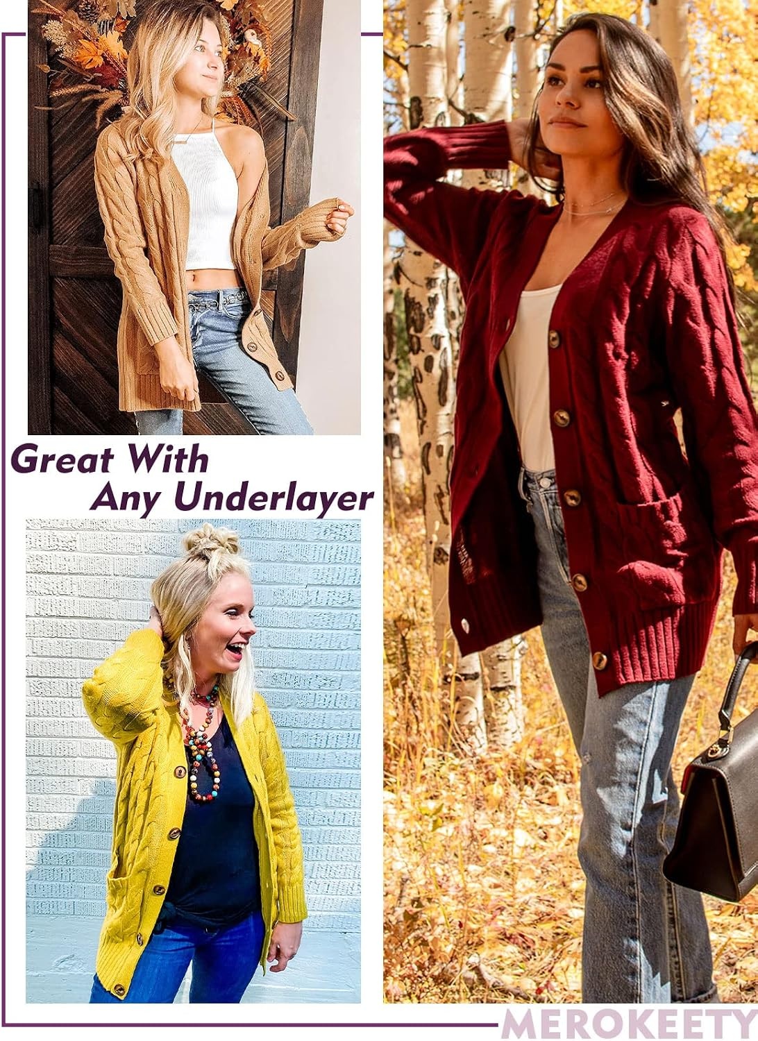 image:imageMEROKEETY Womens Fall 2026 Long Sleeve Cable Knit Cardigan SweatersMustard