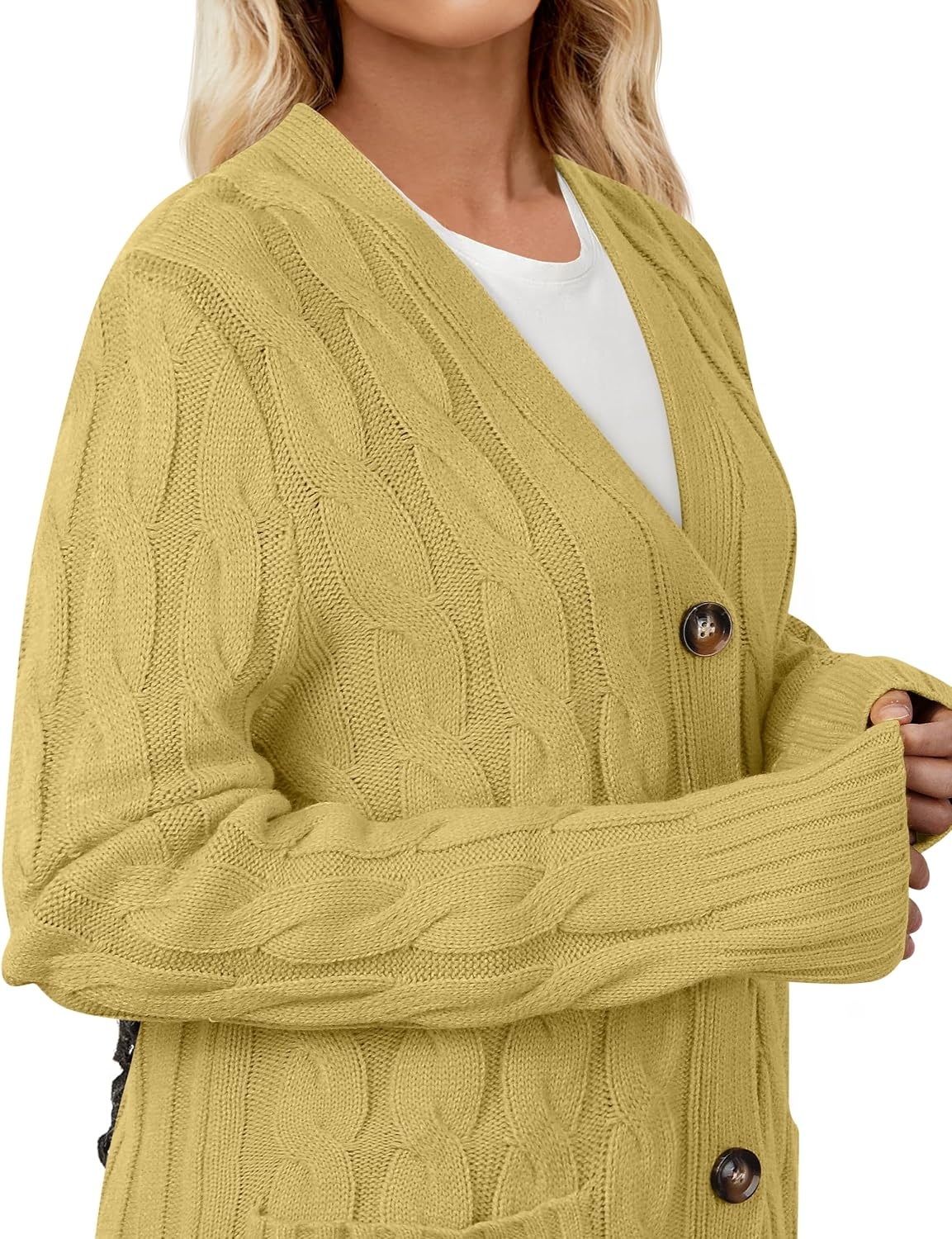 image:imageMEROKEETY Womens Fall 2026 Long Sleeve Cable Knit Cardigan SweatersMustard