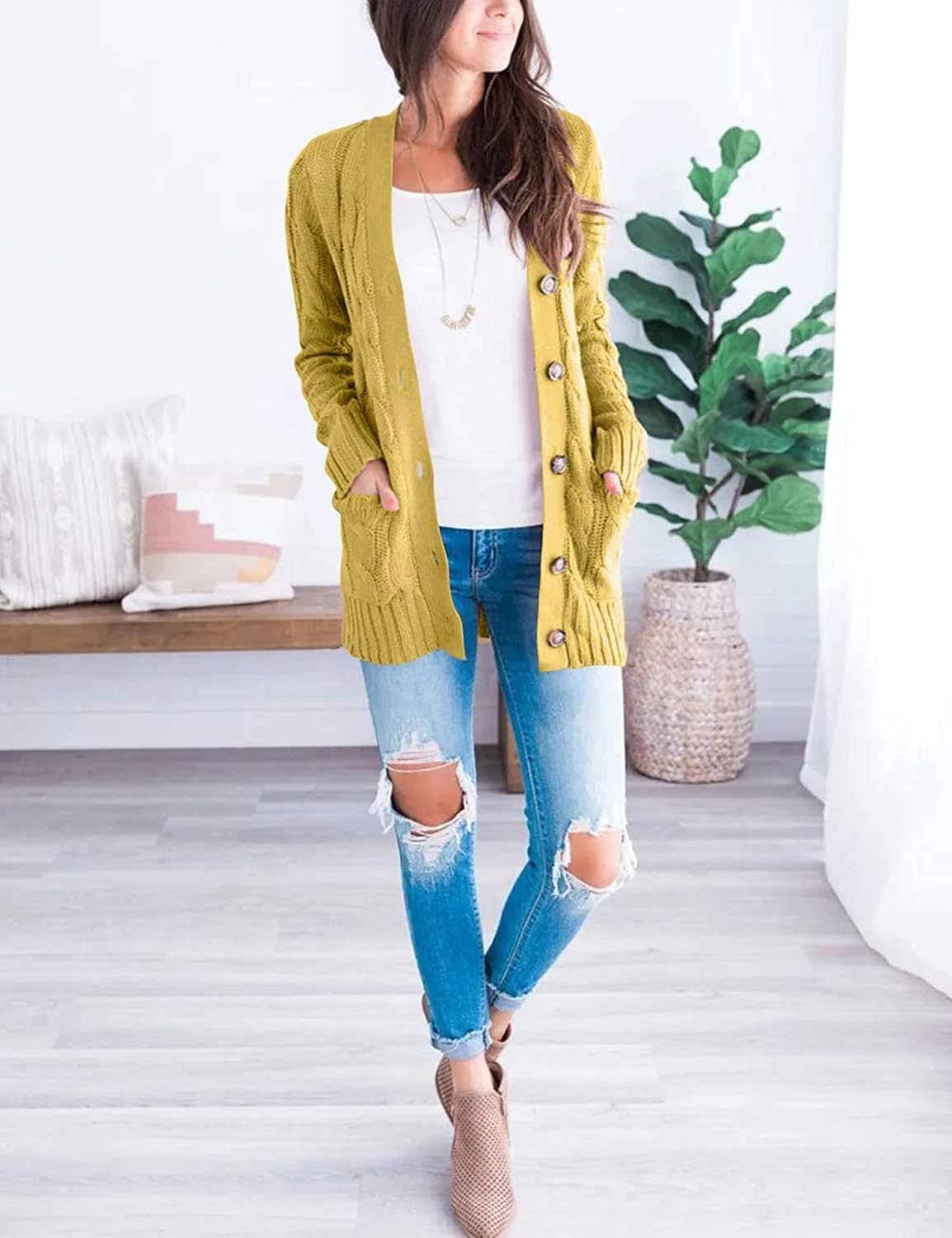 image:imageMEROKEETY Womens Fall 2026 Long Sleeve Cable Knit Cardigan SweatersMustard