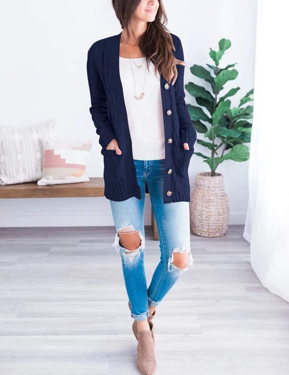 image:imageMEROKEETY Womens Fall 2026 Long Sleeve Cable Knit Cardigan SweatersNavy